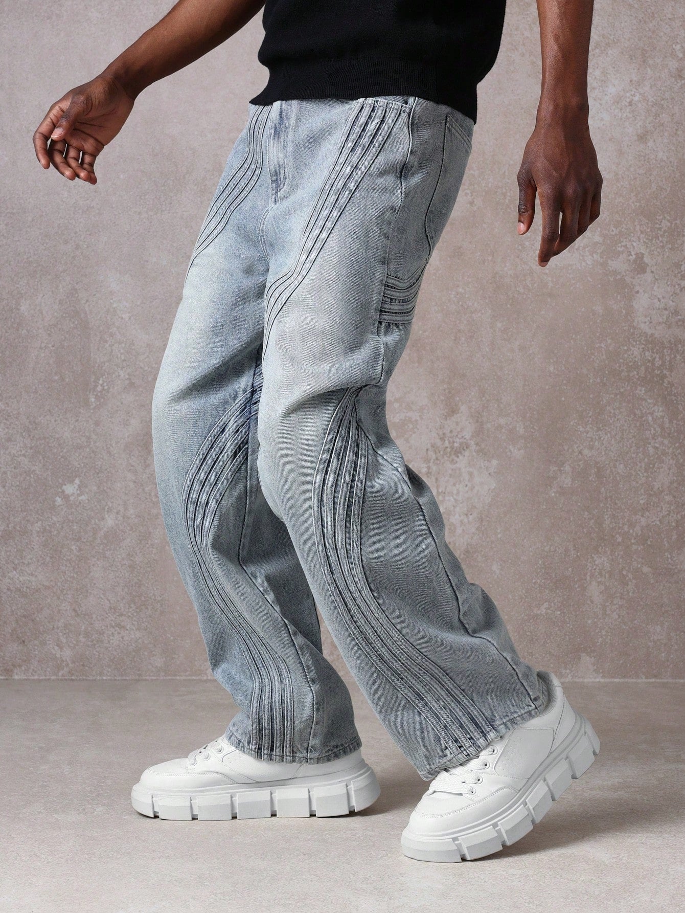 Calça Denim com Costura Solta de Estilo Onda