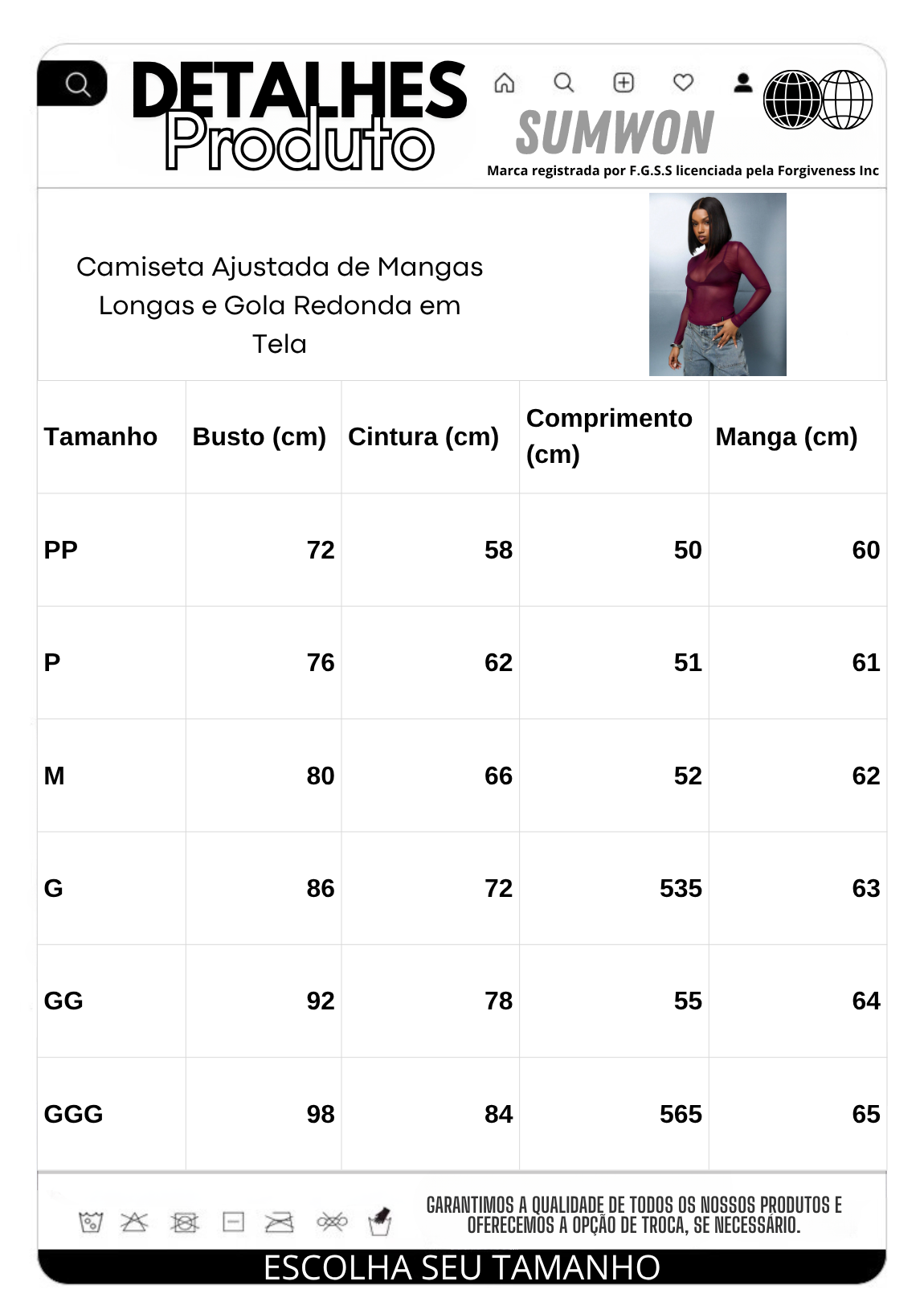 Camiseta Ajustada de Mangas Longas e Gola Redonda em Tela