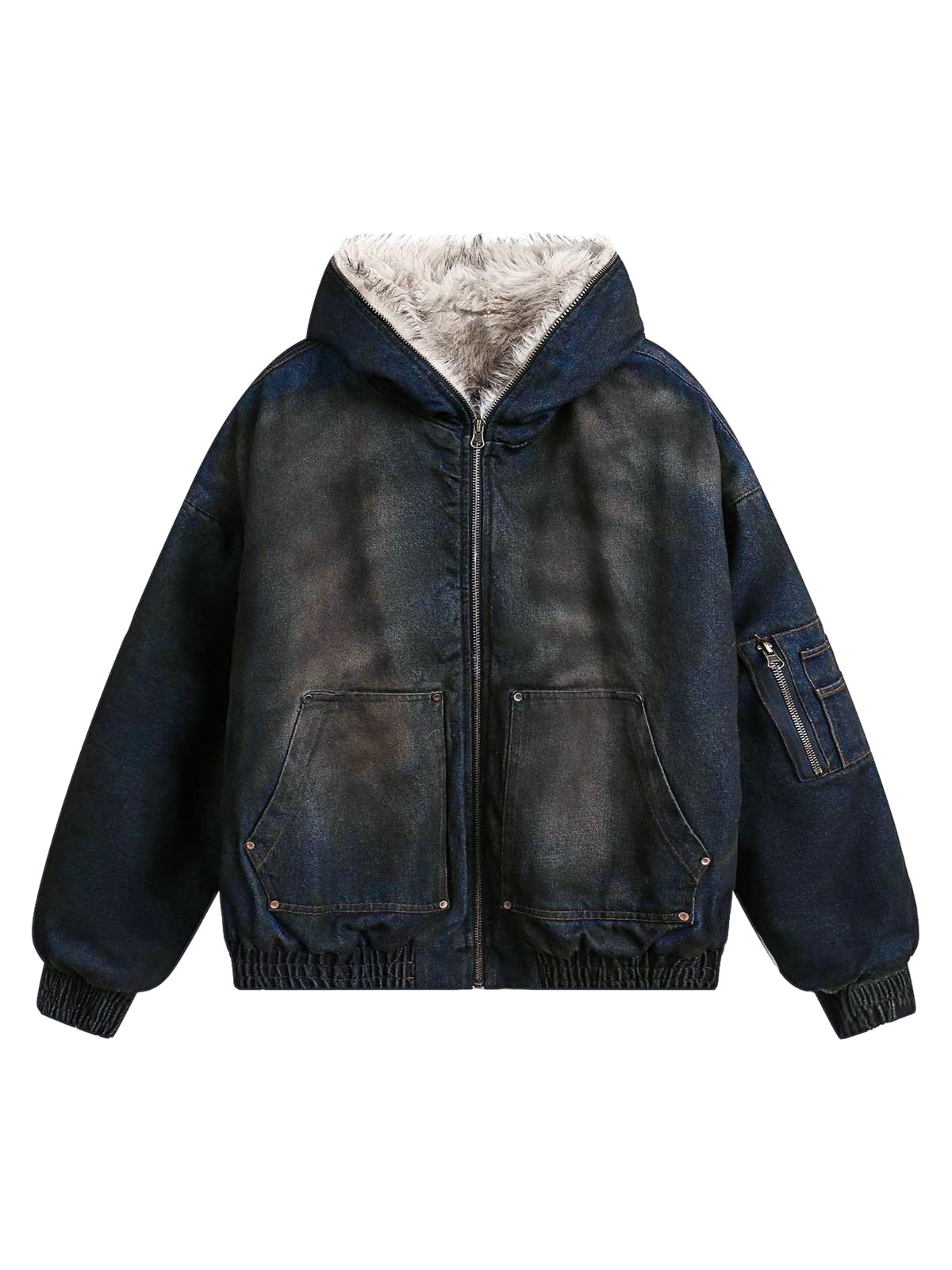 Jaqueta Washed Denim Fur Hooded