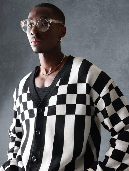 Suéter Cardigã de Tricô Intarsia Xadre