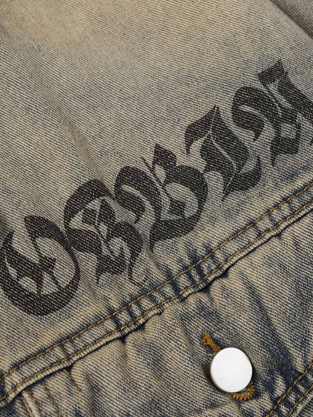 Washed Vintage Letter Print Denim Jacket