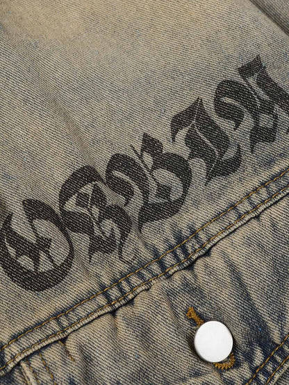 Washed Vintage Letter Print Denim Jacket