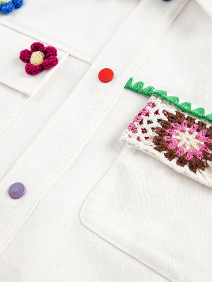 Handmade Floral Crochet Utility Denim Jacket