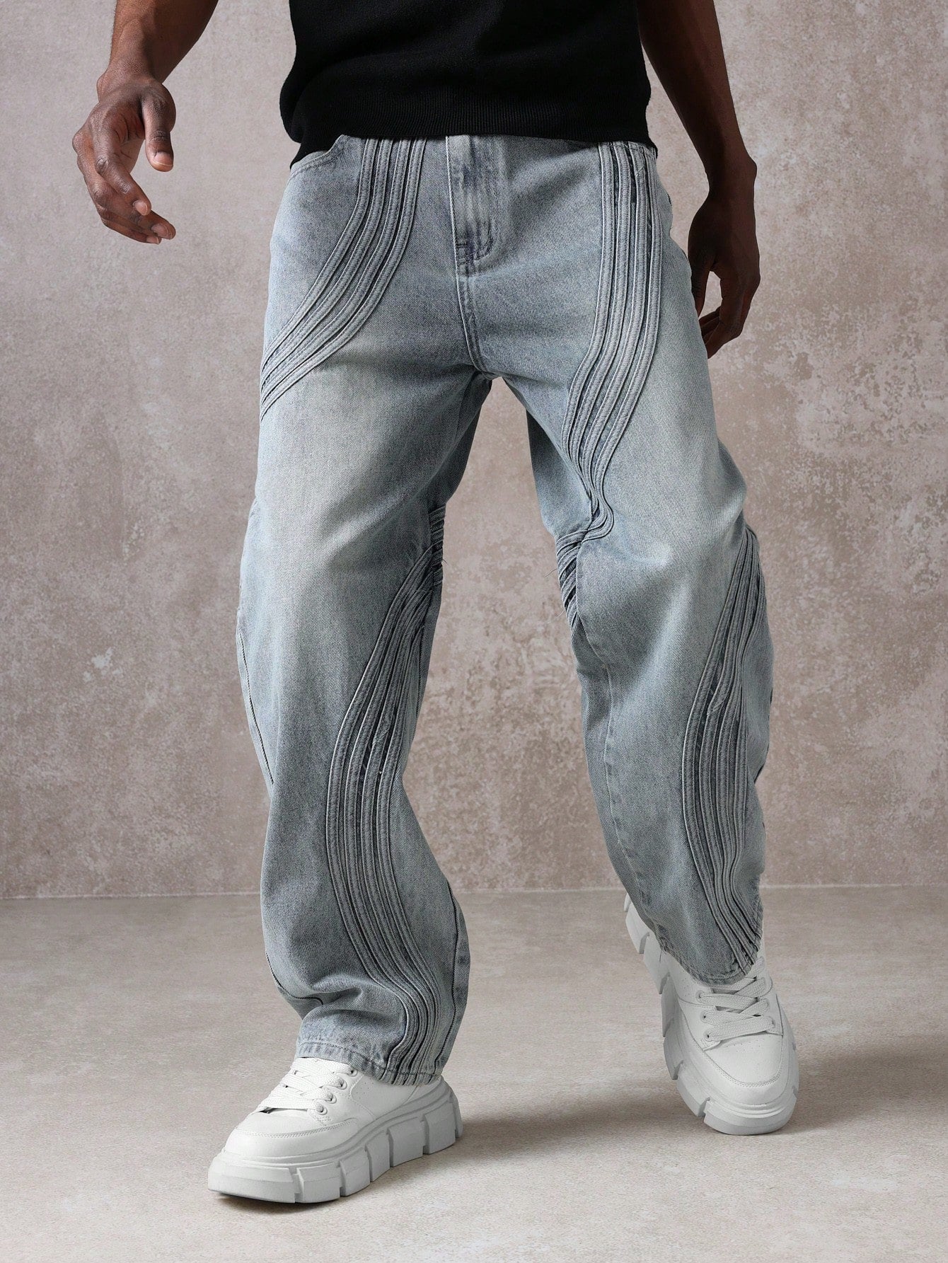 Calça Denim com Costura Solta de Estilo Onda