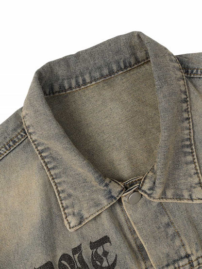 Washed Vintage Letter Print Denim Jacket