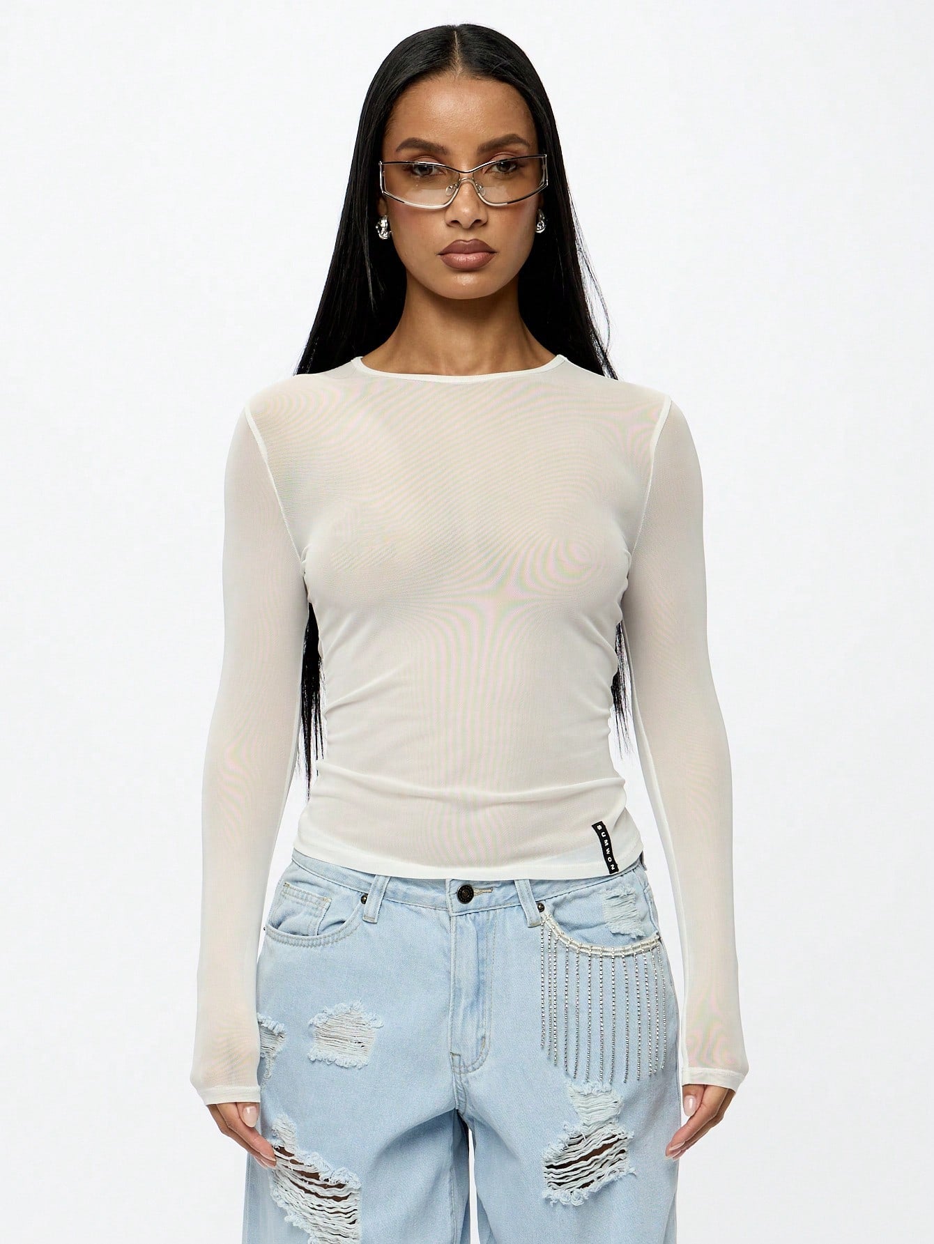 Camiseta Ajustada de Mangas Longas e Gola Redonda em Tela