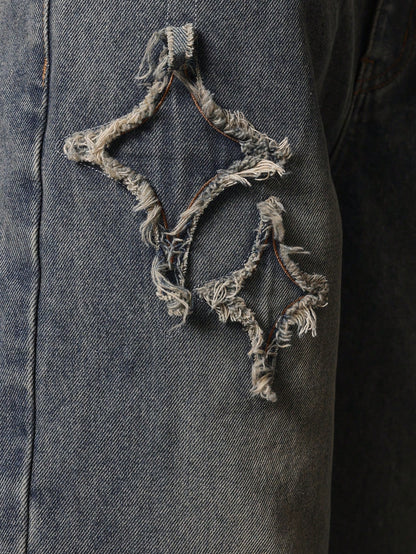 Calça Denim Solto com Aplicação Stars