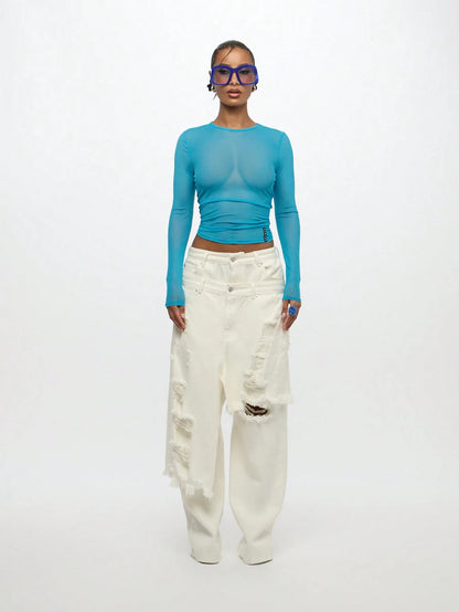 Camiseta Ajustada de Mangas Longas e Gola Redonda em Tela