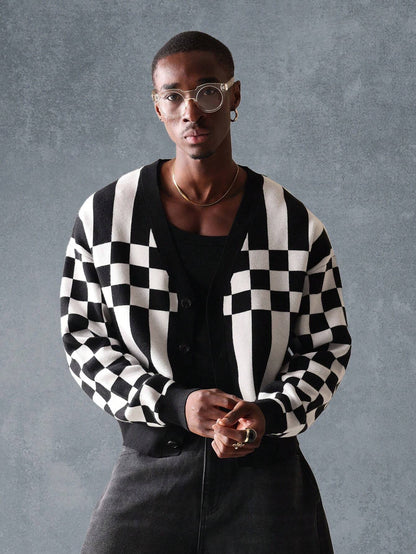 Suéter Cardigã de Tricô Intarsia Xadre