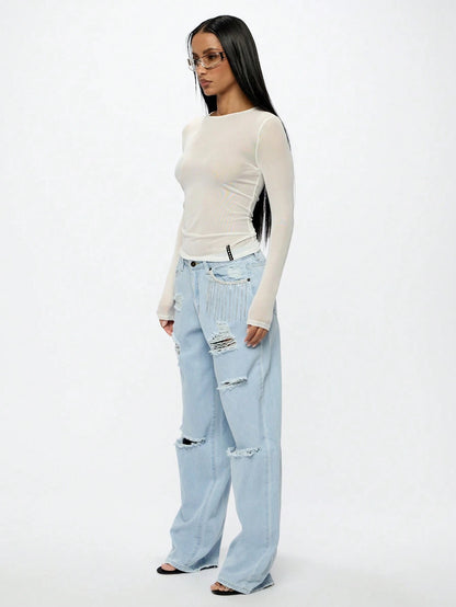 Camiseta Ajustada de Mangas Longas e Gola Redonda em Tela