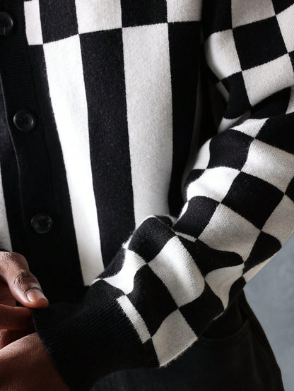 Suéter Cardigã de Tricô Intarsia Xadre