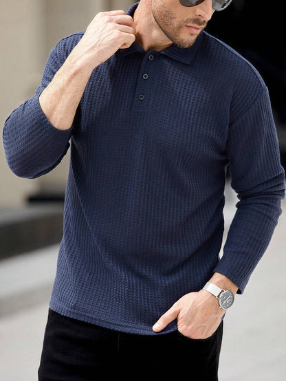 Camisa CasualCool Polo de Manga Longa com Textura de Waffle Azul Marinho