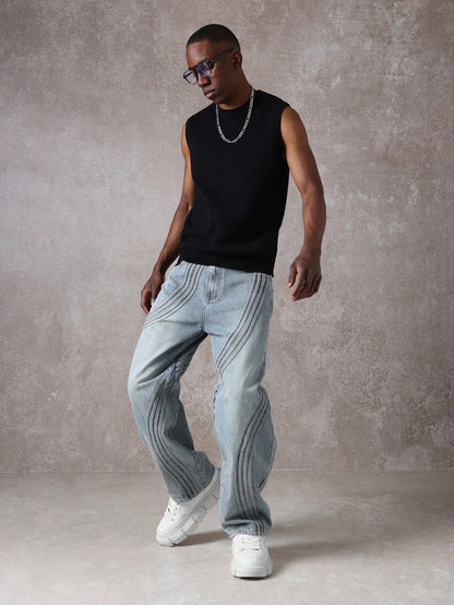 Calça Denim com Costura Solta de Estilo Onda