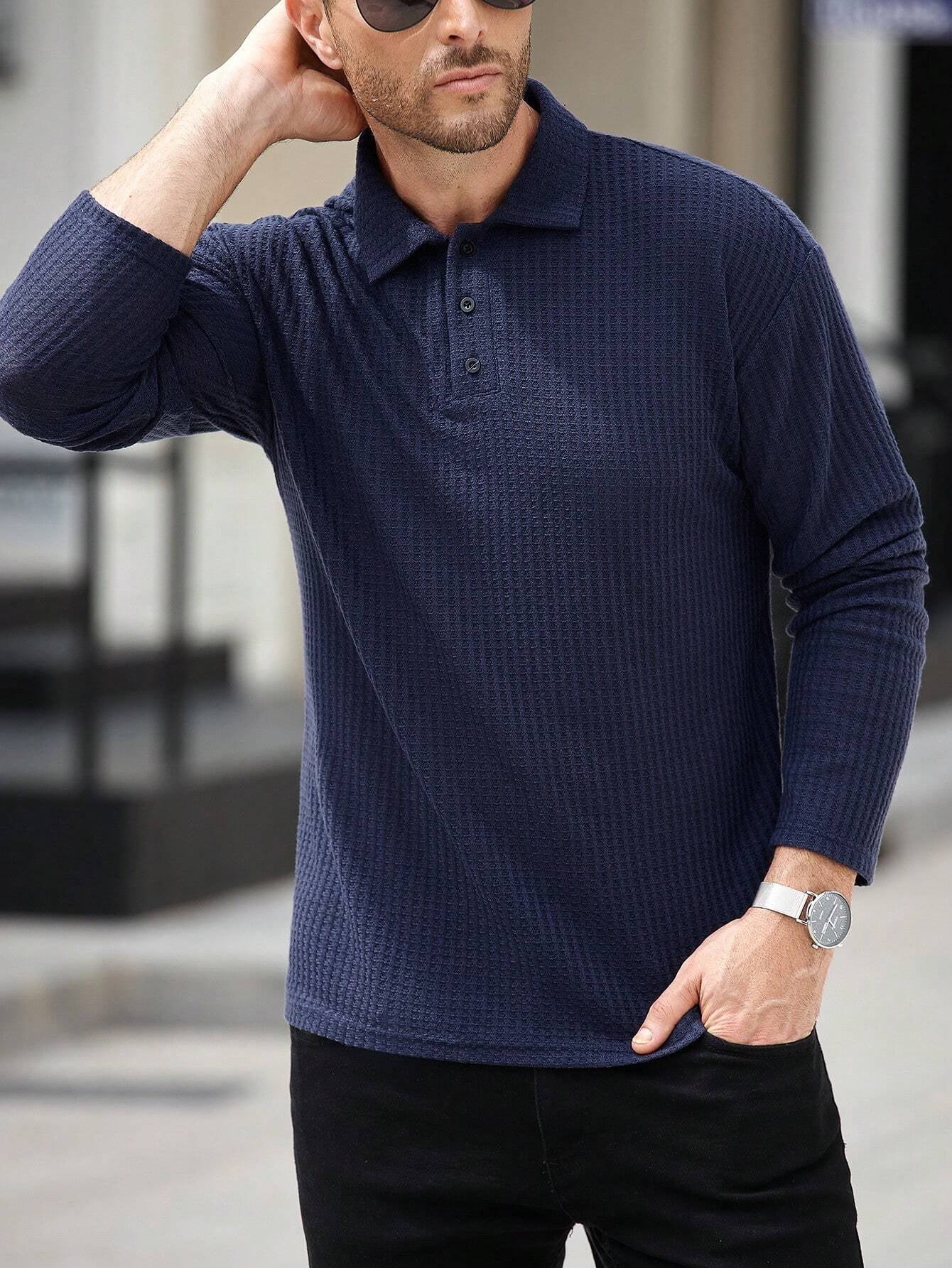 Camisa CasualCool Polo de Manga Longa com Textura de Waffle Azul Marinho