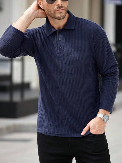 Camisa CasualCool Polo de Manga Longa com Textura de Waffle Azul Marinho