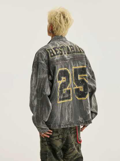 Thesupermade Hip-hop Distressed Washed Printed Denim Jacket - 2239