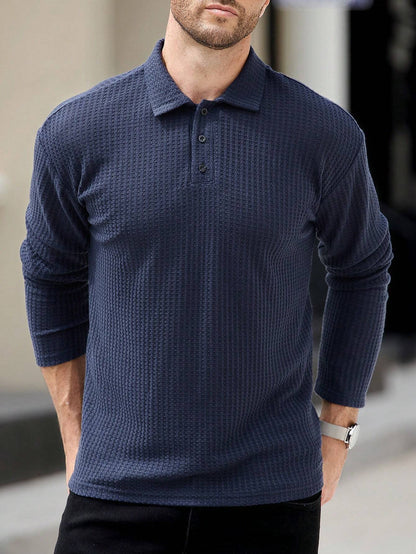 Camisa CasualCool Polo de Manga Longa com Textura de Waffle Azul Marinho