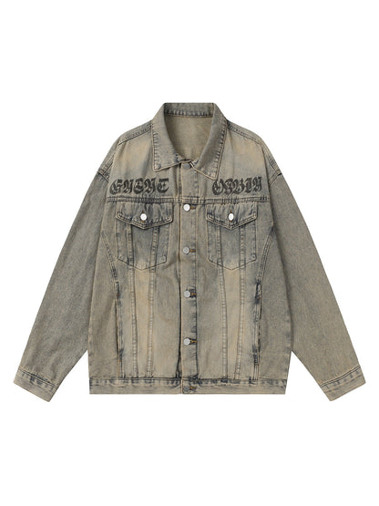 Washed Vintage Letter Print Denim Jacket