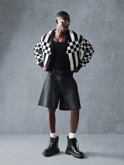 Suéter Cardigã de Tricô Intarsia Xadre