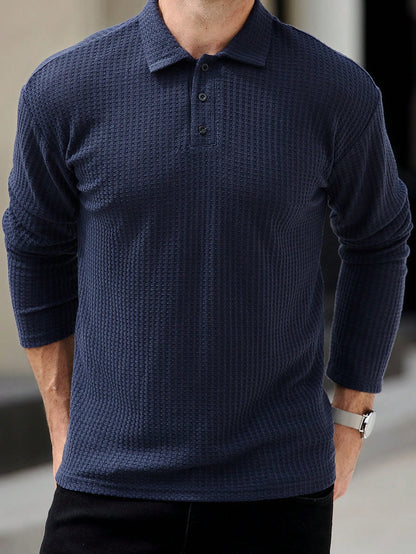 Camisa CasualCool Polo de Manga Longa com Textura de Waffle Azul Marinho