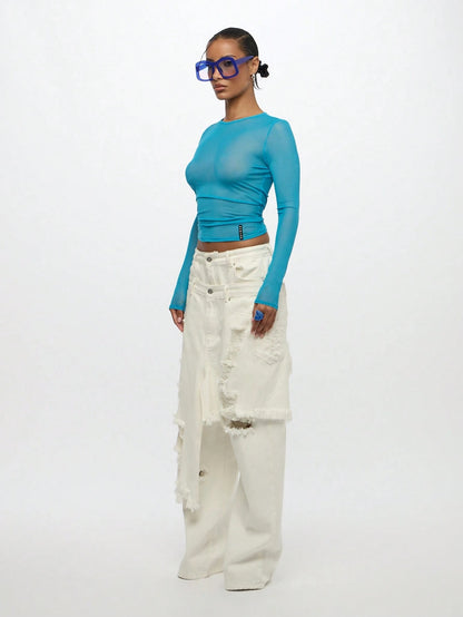 Camiseta Ajustada de Mangas Longas e Gola Redonda em Tela