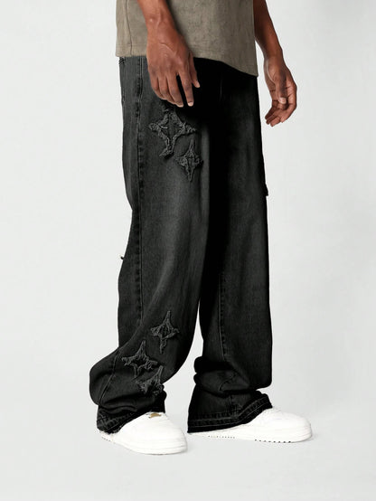 Calça Denim Solto com Aplicação Stars