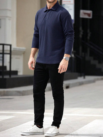 Camisa CasualCool Polo de Manga Longa com Textura de Waffle Azul Marinho